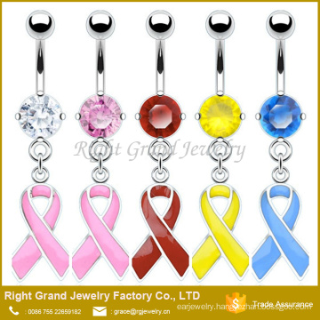 Pink Red Ribbon Enamel Dangle CZ Gems Surgical Steel Belly Button Navel Ring